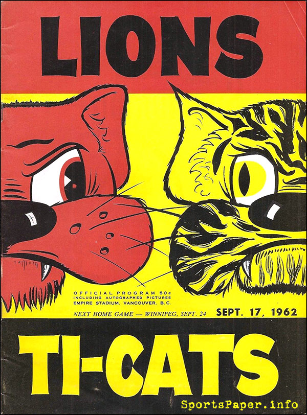 CFL Program: BC Lions Vs. Hamilton Tiger-Cats (September 17, 1962 ...