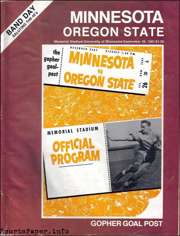 College Football Program: Minnesota Golden Gophers vs. Oregon State Beavers (September 26, 1981)