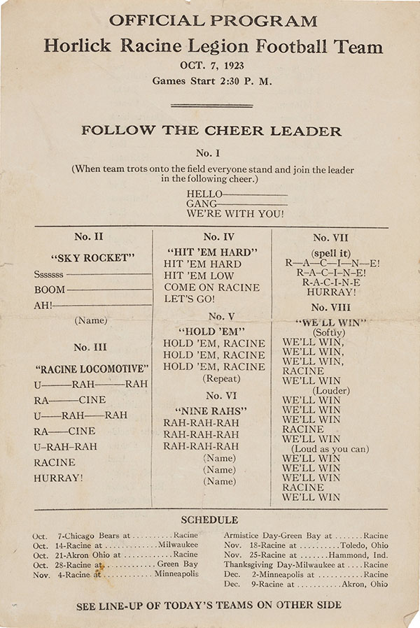 NFL Program: Racine Legion vs. Chicago Bears (October 7, 1923)