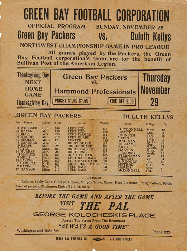 NFL Program: Green Bay Packers vs. Duluth Kelleys (November 25, 1923)