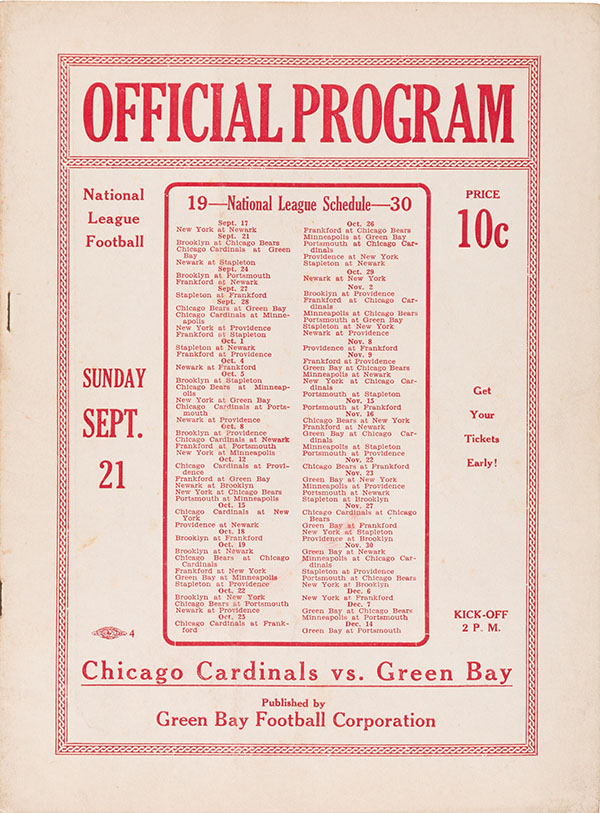 NFL Program: Green Bay Packers vs. Chicago Cardinals (September 21, 1930)