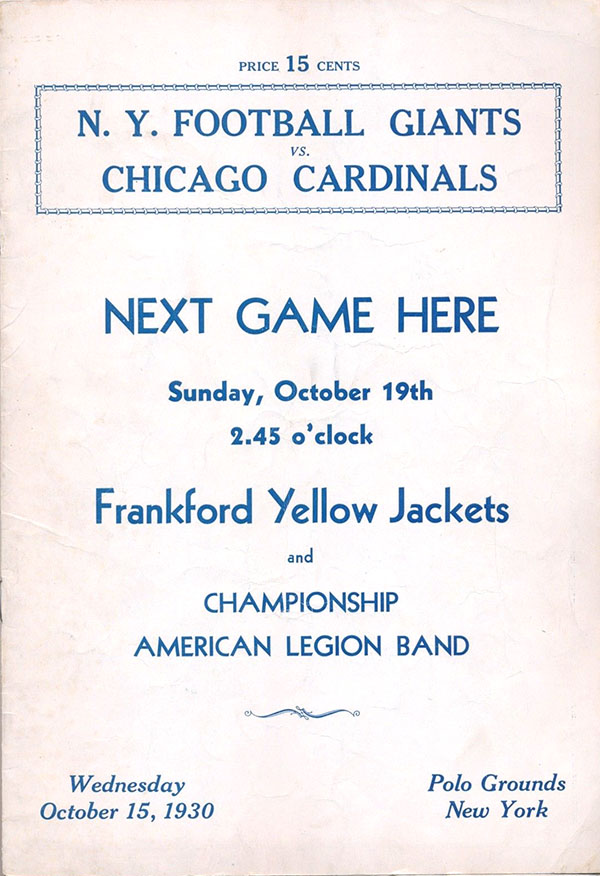 NFL Program: New York Giants vs. Chicago Cardinals (October 15, 1930)