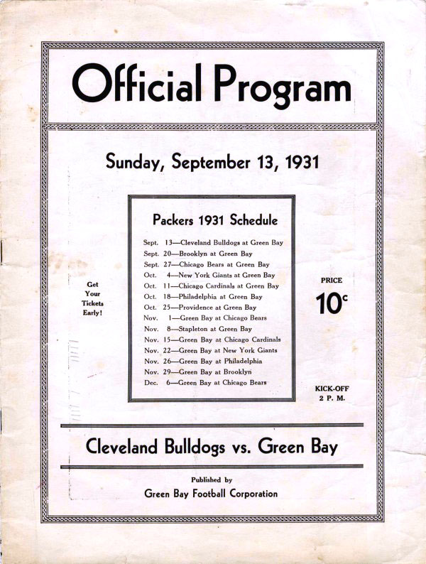 NFL Program: Green Bay Packers vs. Cleveland Bulldogs (September 13, 1931)