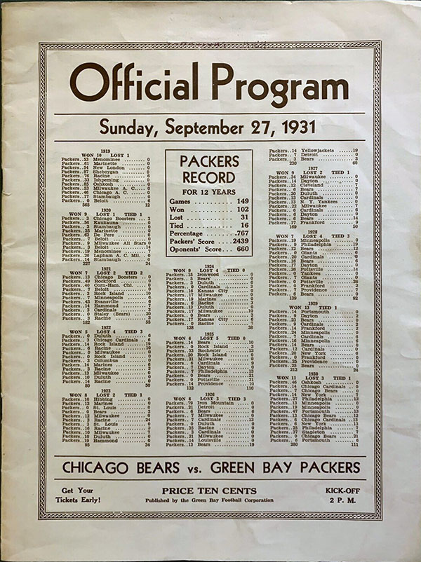 NFL Program: Green Bay Packers vs. Chicago Bears (September 27, 1931)