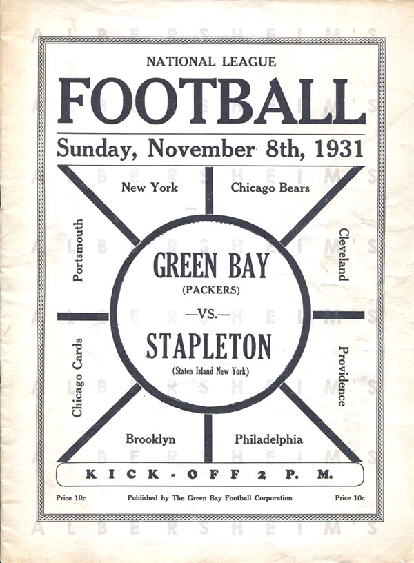 NFL Program: Green Bay Packers vs. Staten Island Stapletons (November 8, 1931)