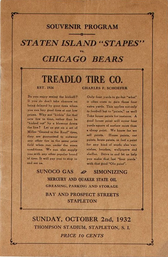 NFL Program: Staten Island Stapletons vs. Chicago Bears (October 2, 1932))