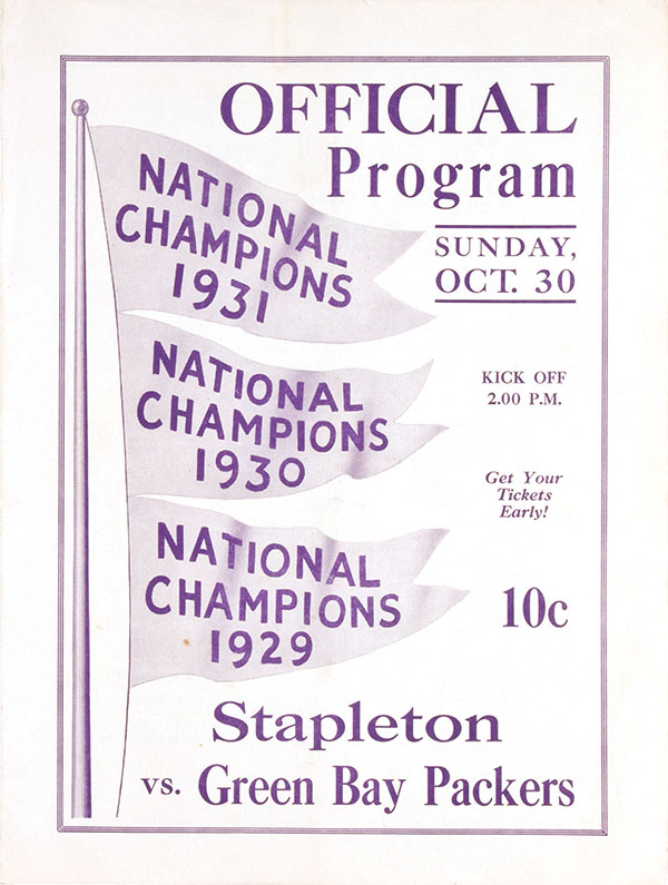 NFL Program: Green Bay Packers vs. Staten Island Stapletons (October 30, 1932)