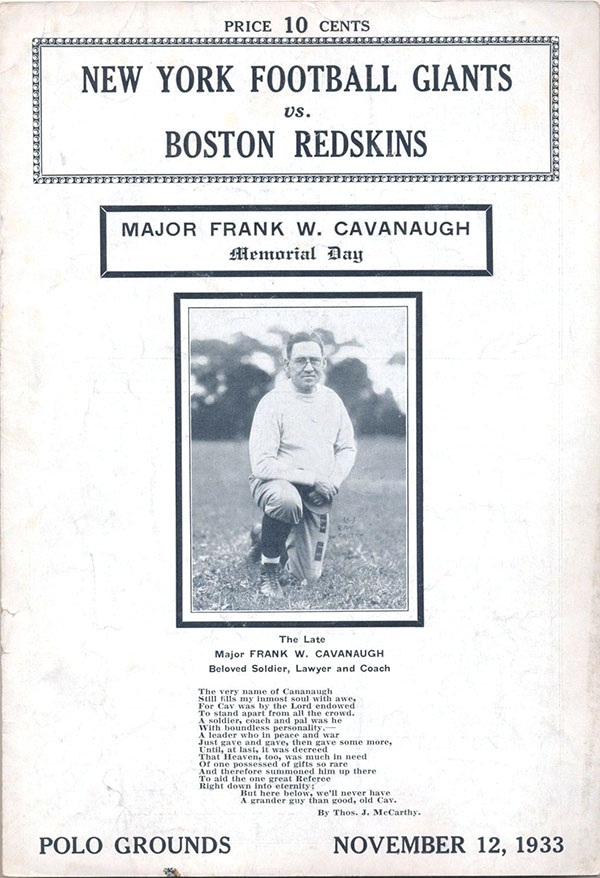 NFL Program: New York Giants vs. Boston Redskins (November 12, 1933)