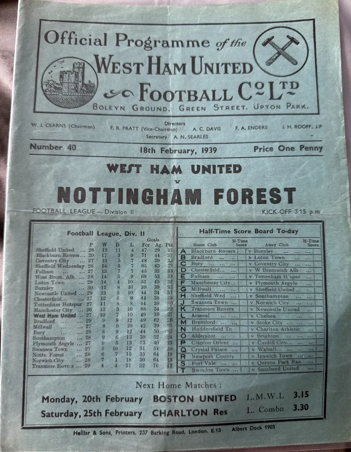 West Ham United vs. Nottingham Forest (February 18. 1939)