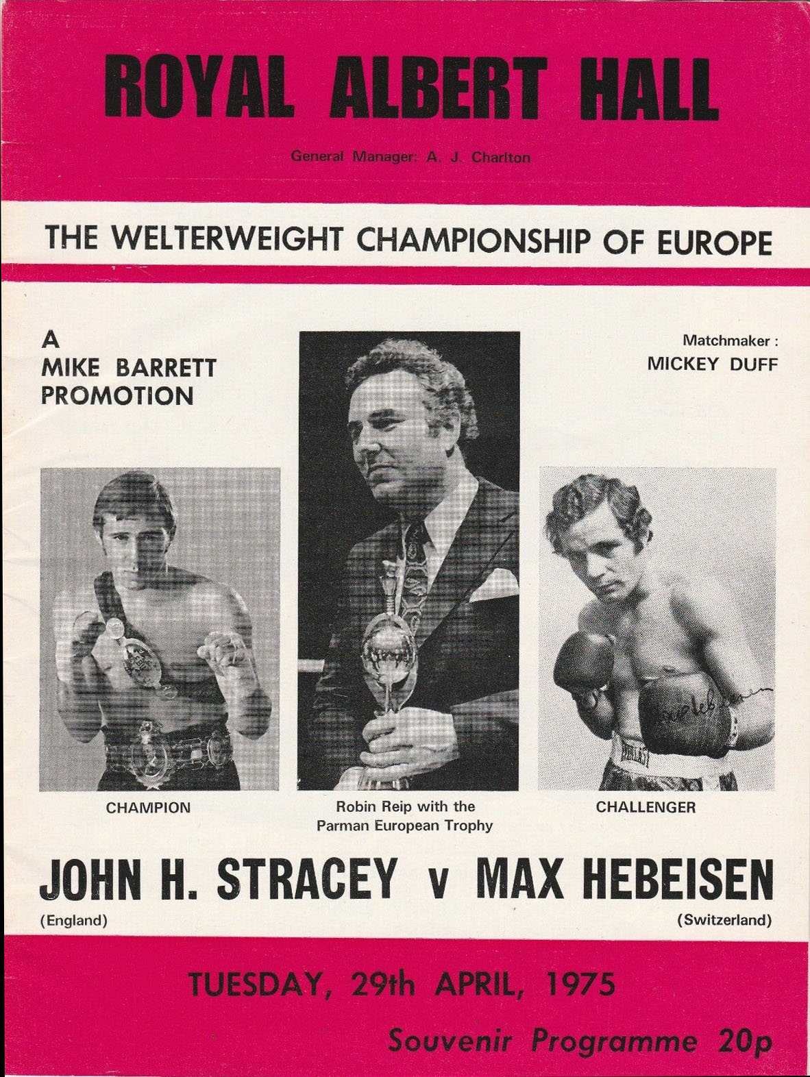 Boxing Program: John H. Stracey vs. Max Hebeisen (April 29, 1975)
