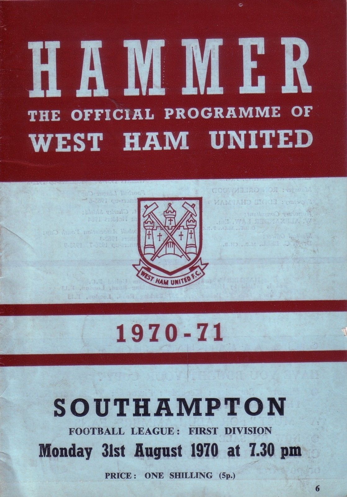 English Football Program: West Ham United vs. Southampton (August 31, 1970)