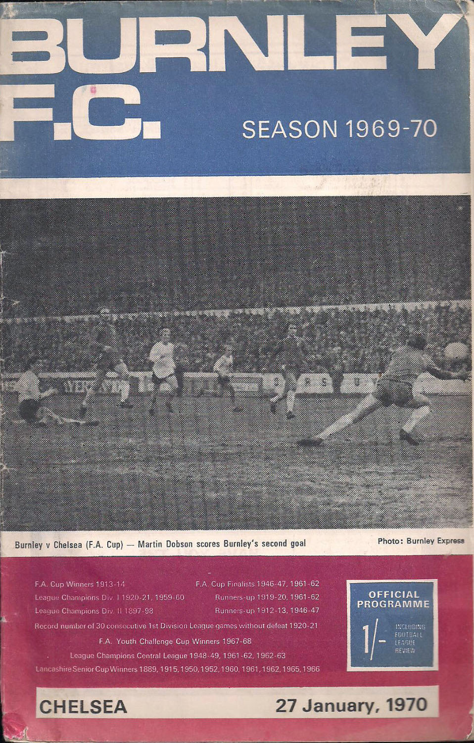 English Football Program: Burnley vs. Chelsea (January 27, 1970)