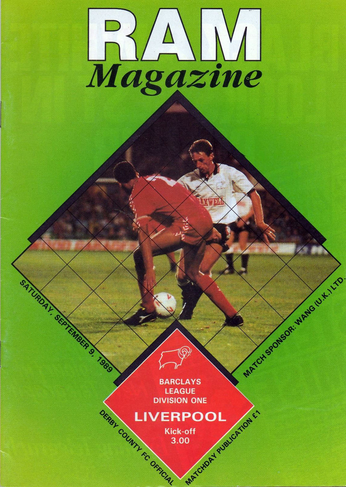 English Football Program: Derby County vs. Liverpool (September 9, 1989)