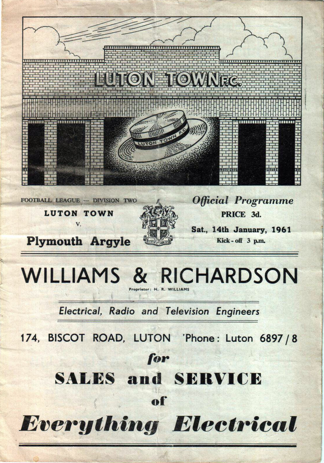 English Football Program: Luton Town vs. Plymouth Argyle (January 14, 1961)