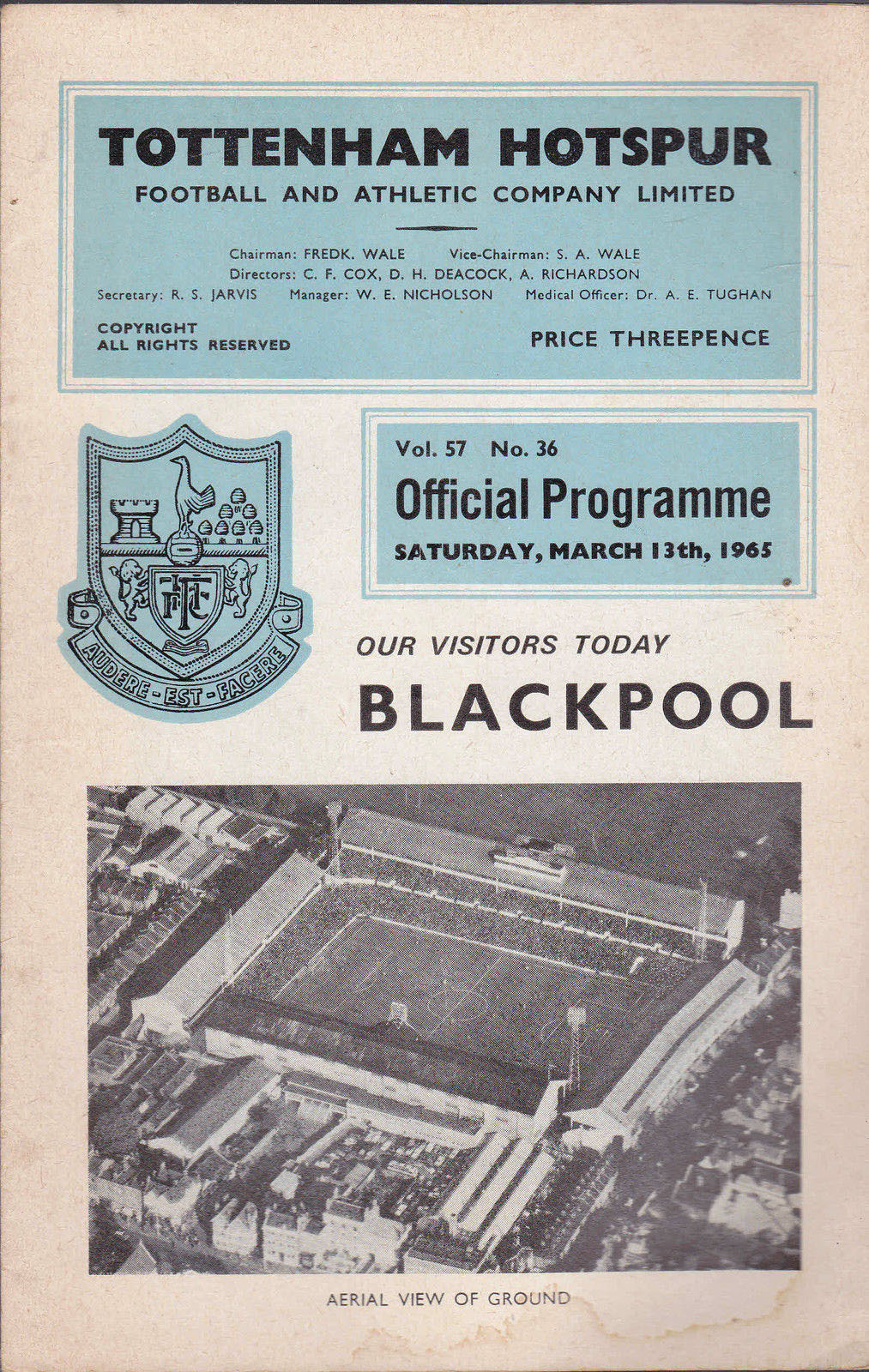 English Football Program: Tottenham Hotspur vs. Blackpool (March 13, 1965)