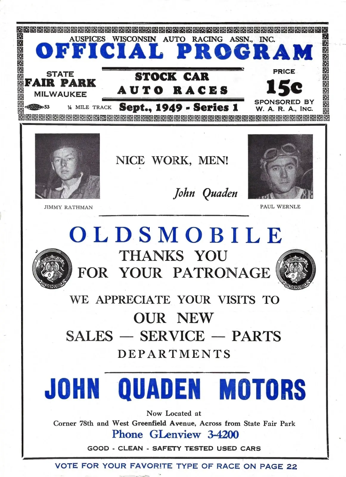 September 1949 Milwaukee stock car racing program