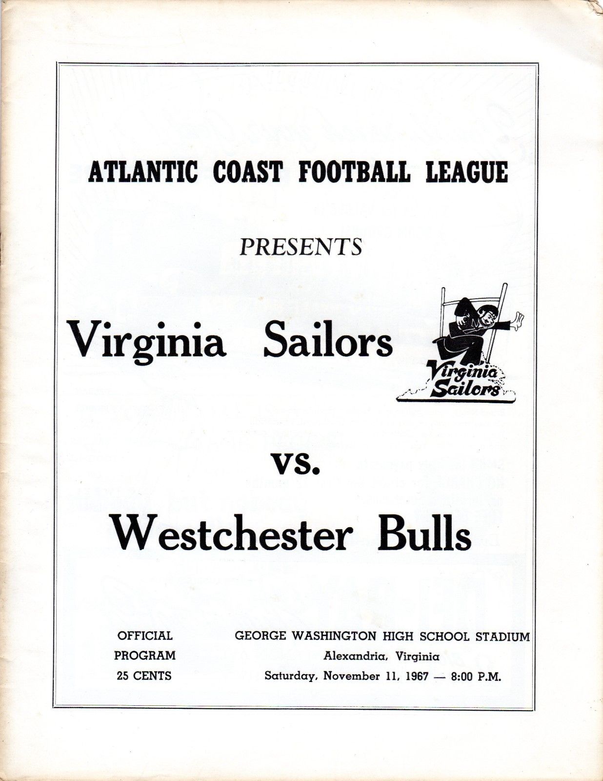 ACFL Game Program: Virginia Sailors vs. Westchester Bulls (November 11, 1967)