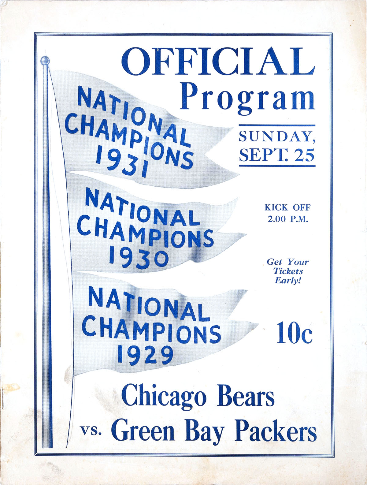 NFL Program: Green Bay Packers vs. Chicago Bears (September 25, 1932)