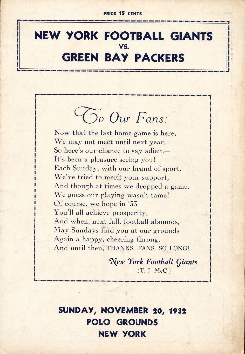 NFL Program: New York Giants vs. Green Bay Packers (November 20, 1932)