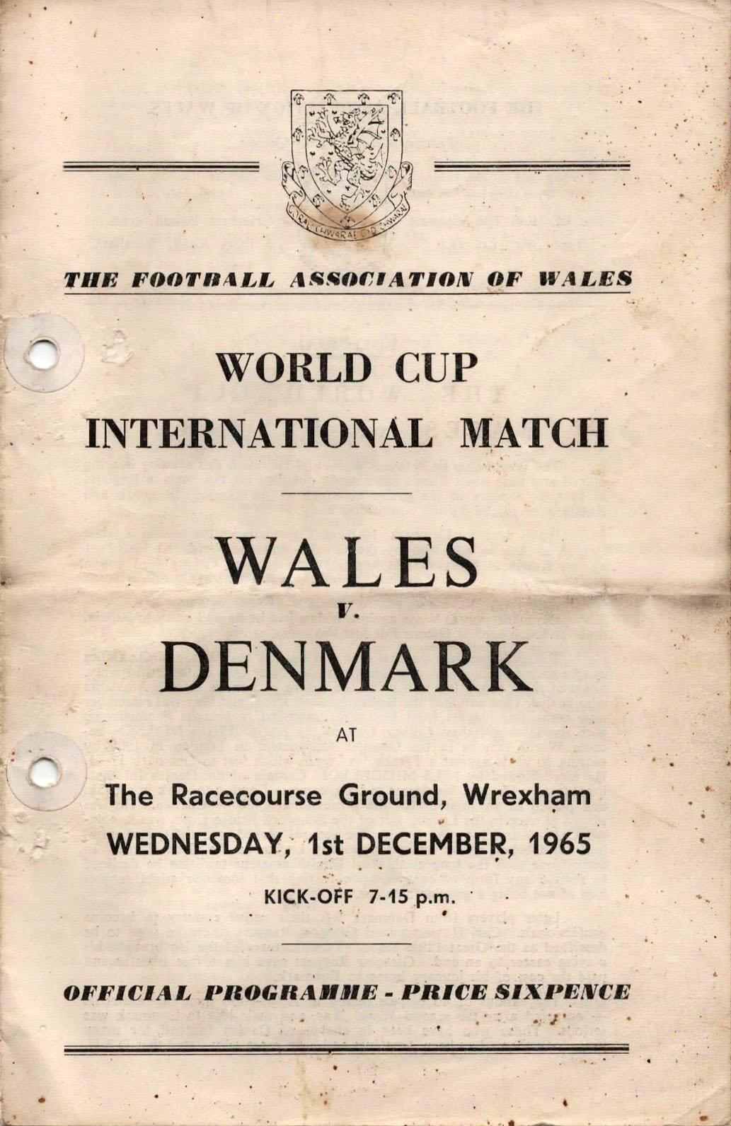 World Cup Program: Wales vs. Denmark (December 1, 1965)