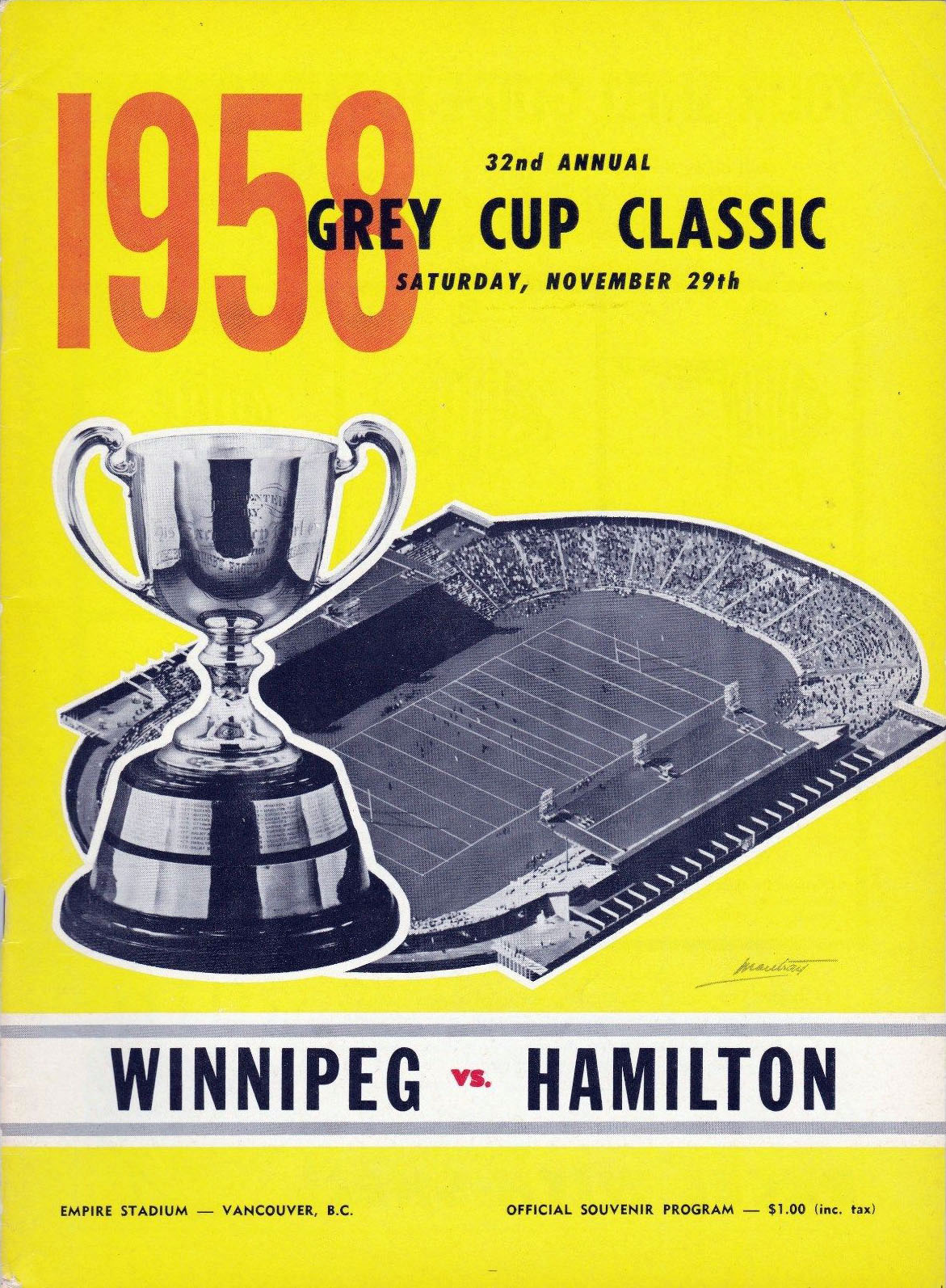 1958 Grey Cup program: (Winnipeg Blue Bombers vs. Hamilton Tiger-Cats)