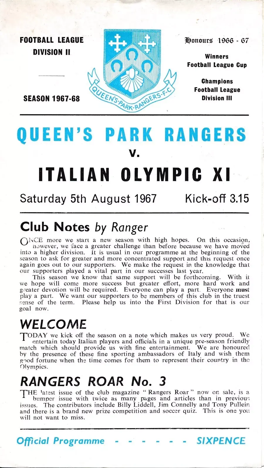 Queens Park Rangers vs. Italy Olympic football team (August 5, 1967)