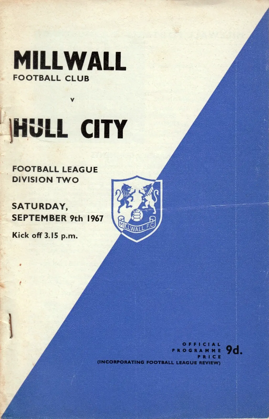English Football Program: Millwall vs. Hull City (September 9, 1967)