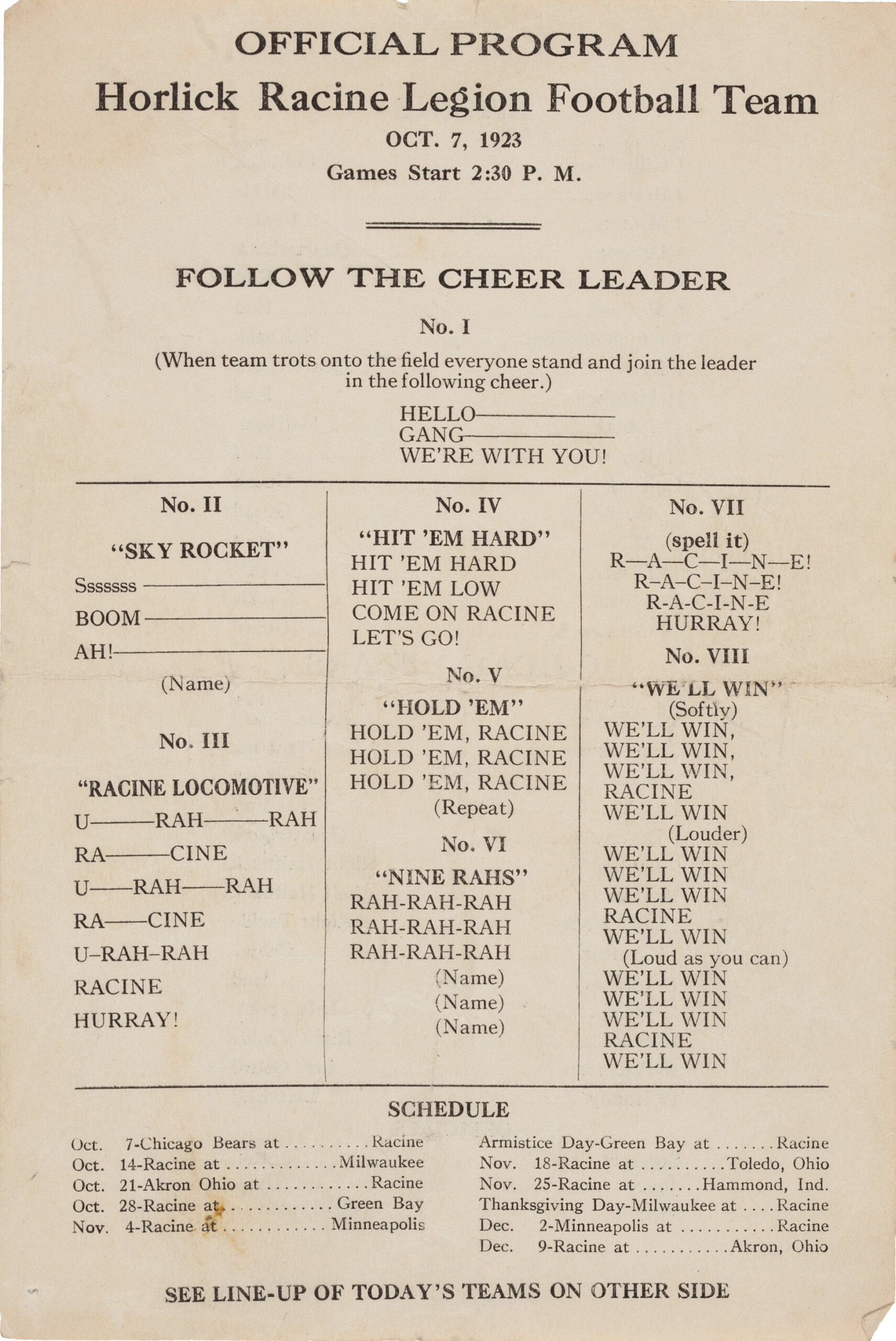 Racine Legion vs. Chicago Bears (October 7, 1923)