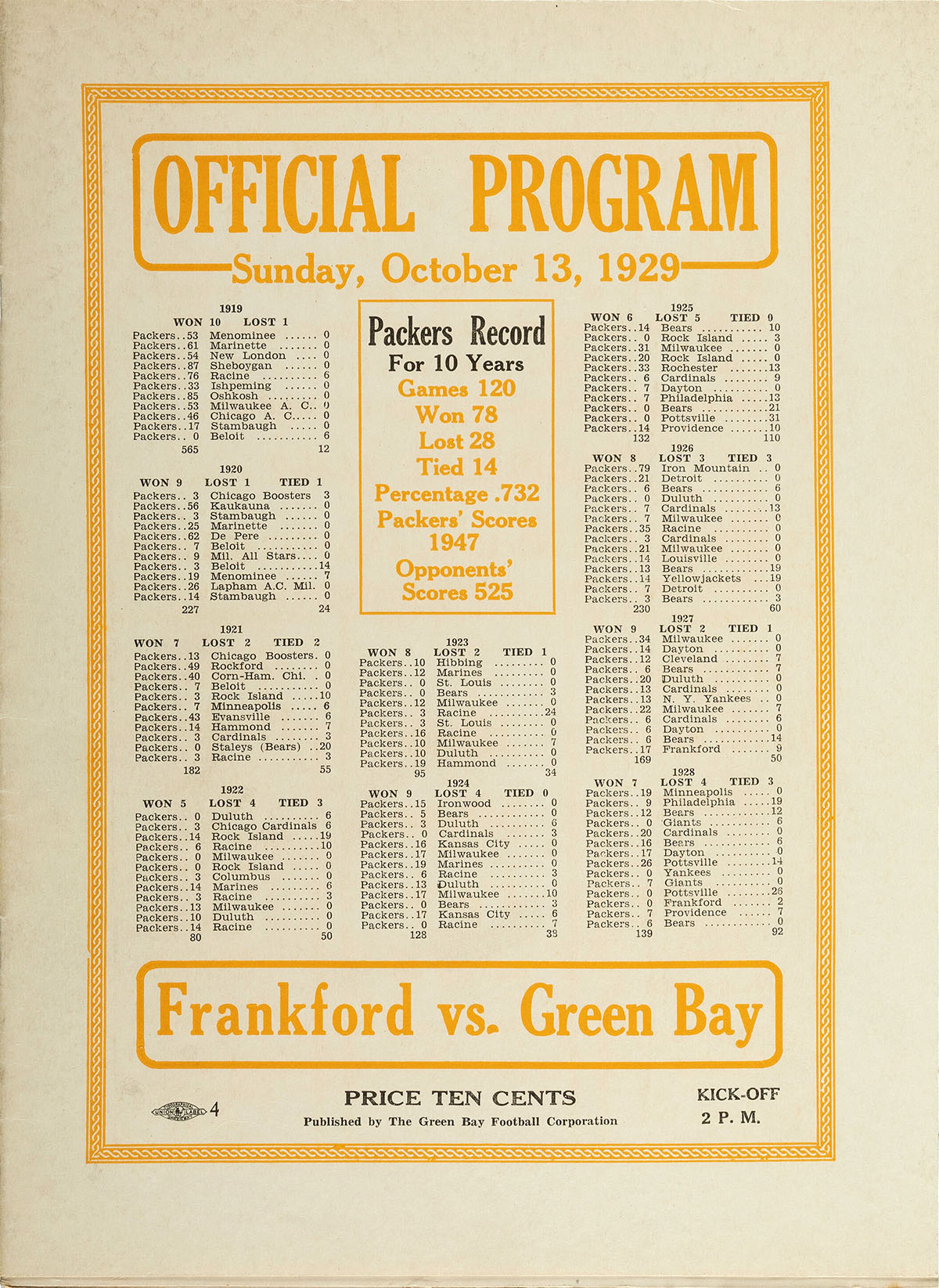 Green Bay Packers vs. Frankford Yellow Jackets (October 13, 1929)