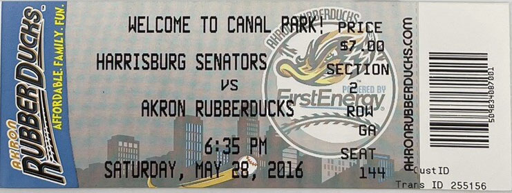 2016 Akron RubberDucks ticket