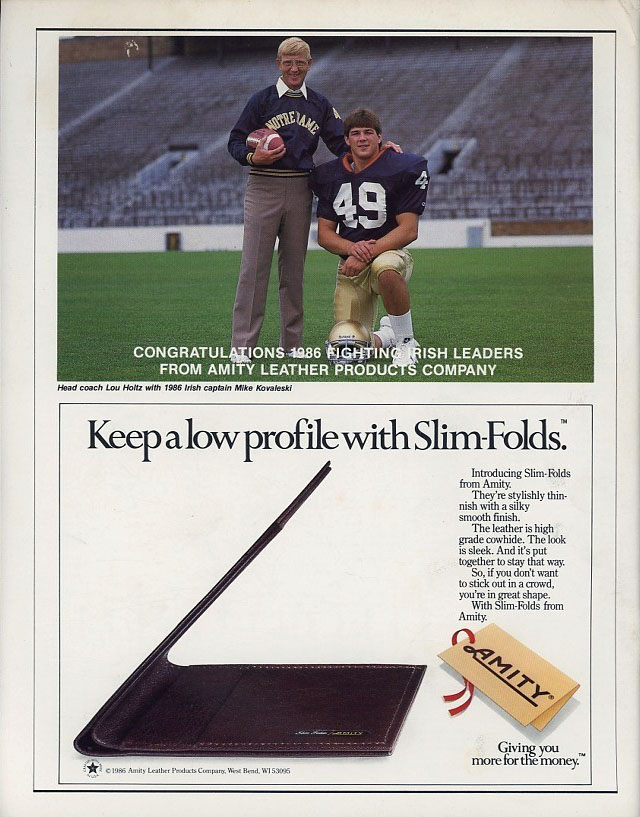 1986 Amity Leather Products Advertisement (Lou Holtz & Mike Kovaleski)