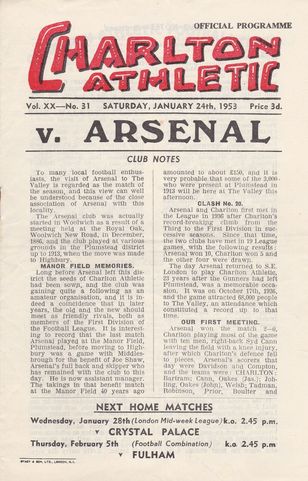 Charlton Athletic vs. Arsenal (January 24, 1953)