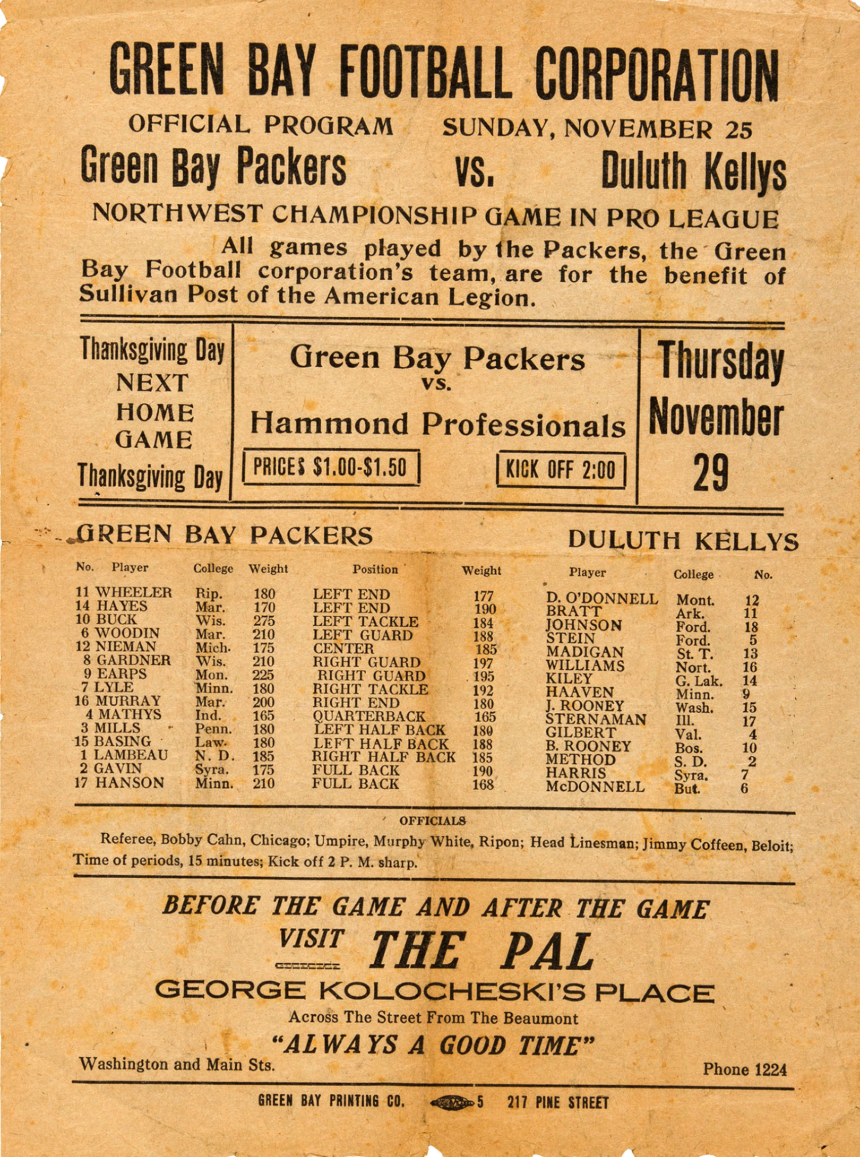 Green Bay Packers vs. Duluth Kelleys (November 25, 1923)